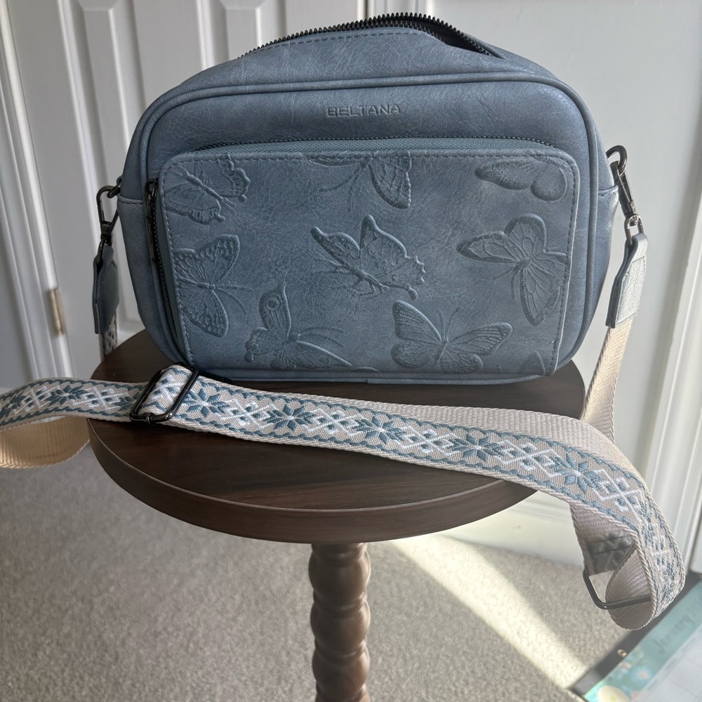 Blue Butterfly Embossed Crossbody Bag, New with Tags, Built in Wallet,unique